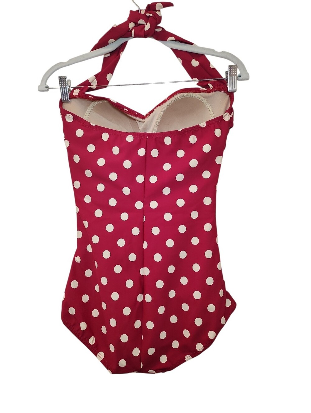 Esther Williams red white polkadot halter one-piece swimsuit ruched fabric Sz 12 - Picture 4 of 16